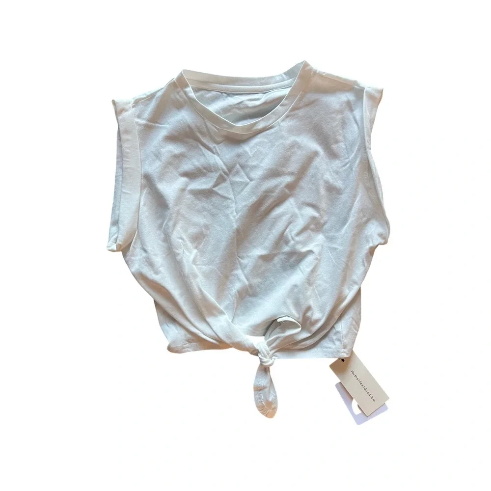 100% Cotton Muscle Tank Top Sleeveless Tie‎ Front Casual White Top Size L